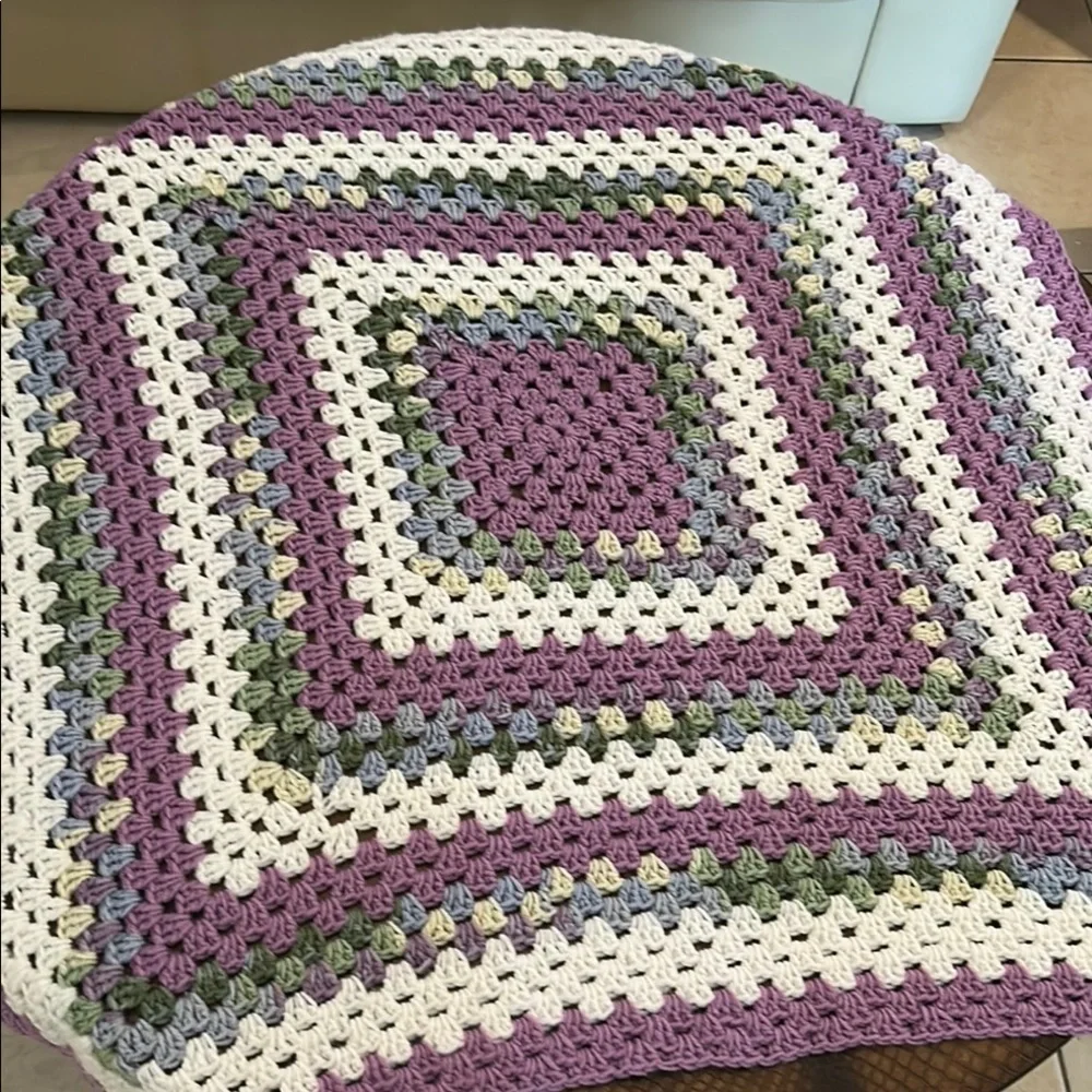 Handmade Crochet Blanket in Purple, Blue, White, Cream and Green 42” x 42”